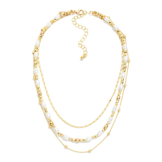 Layered Chain Link & Pearl Beaded Necklace
