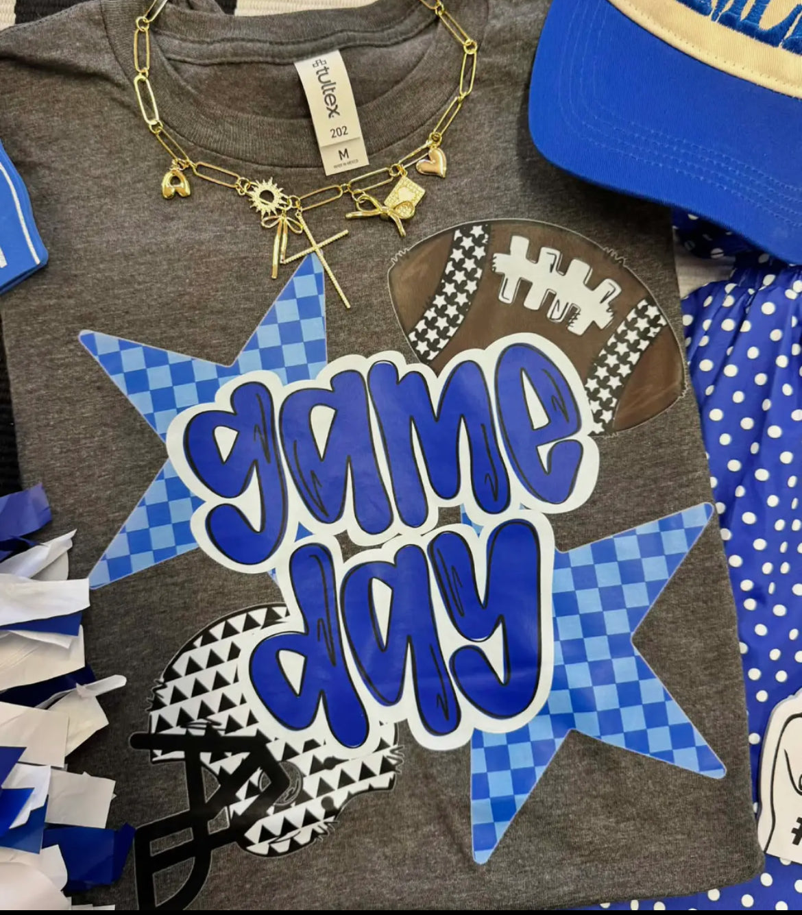 GAME DAY BLUE CHECKERED STARS TEE