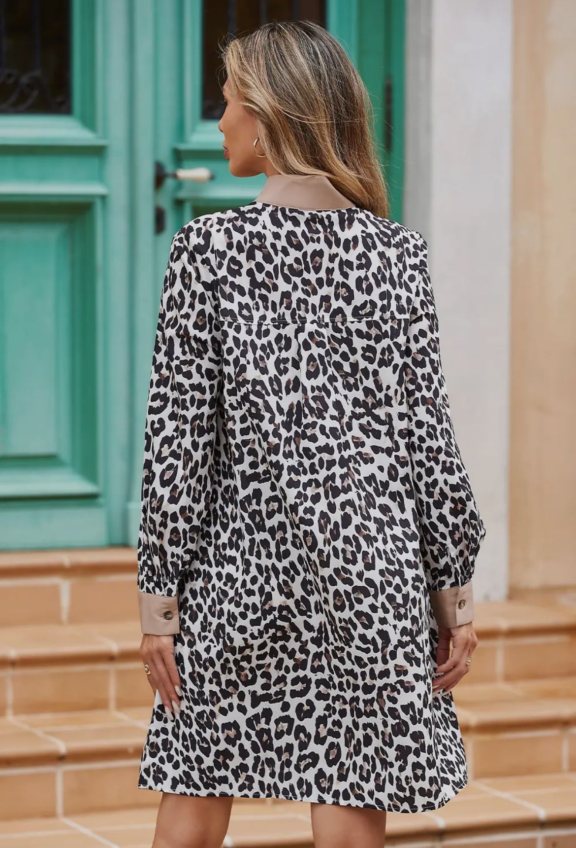 Leopard Collar Patchwork Button Dress