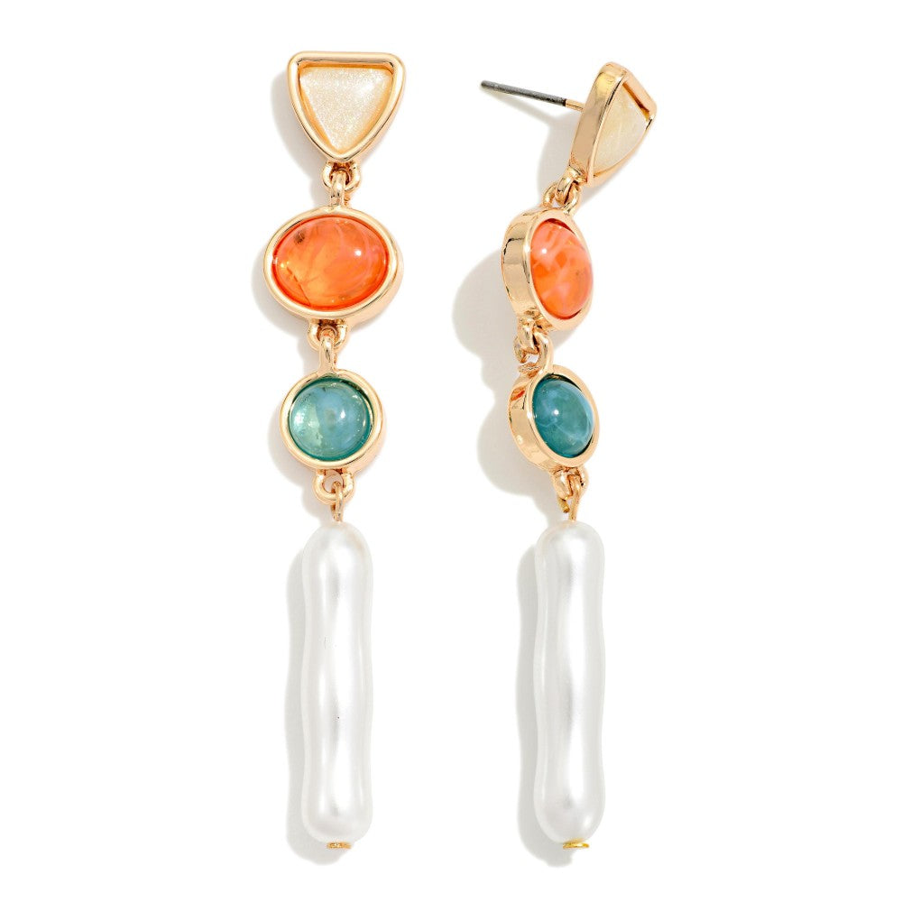 Linked Acetate Geometric Shapes & Stick Pearl Post Drop Earrings