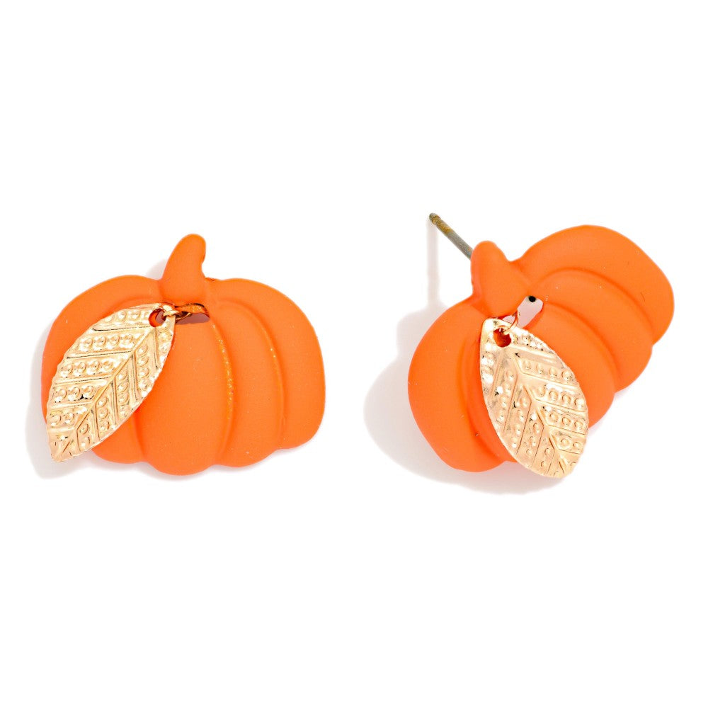 Orange Polymer Clay Pumpkin & Metal Tone Bow Post Drop Earrings