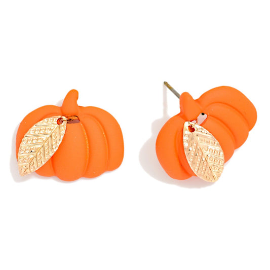 Orange Polymer Clay Pumpkin & Metal Tone Bow Post Drop Earrings