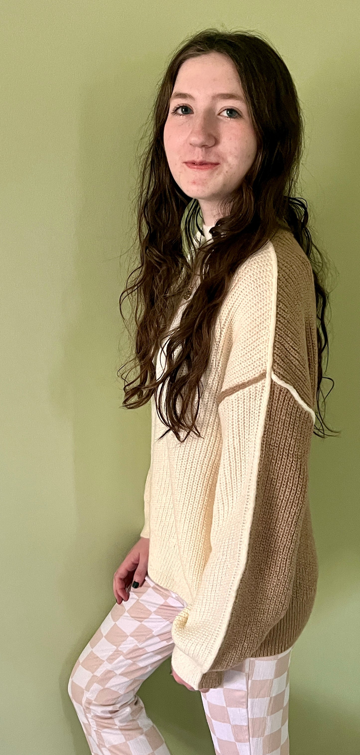 Colorblock Mock Neck Exposed Seam Knit Sweater IVORY