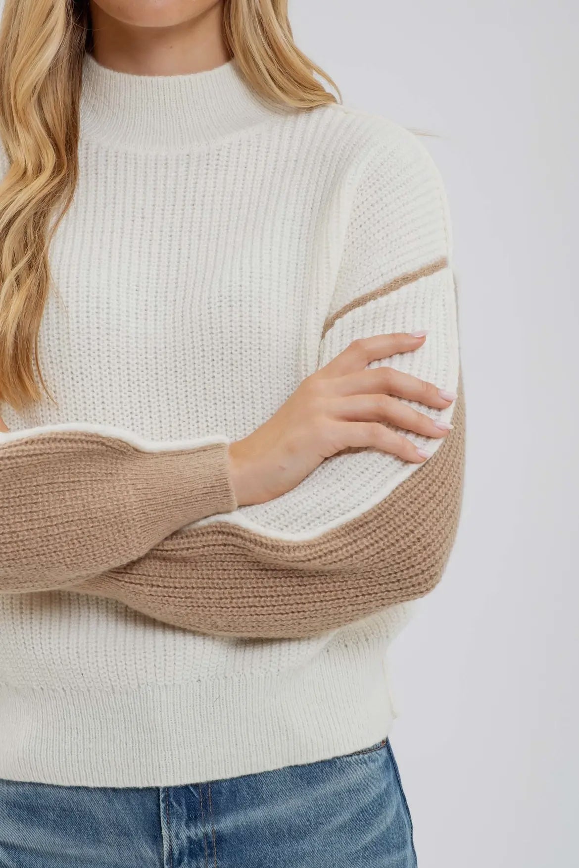 Colorblock Mock Neck Exposed Seam Knit Sweater IVORY