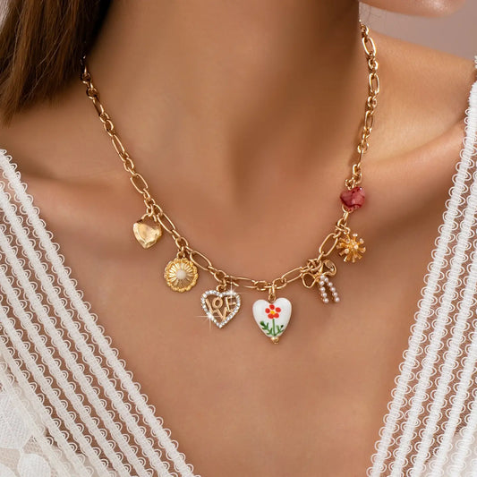 Gold Chain Multi-Charm Statement Necklace