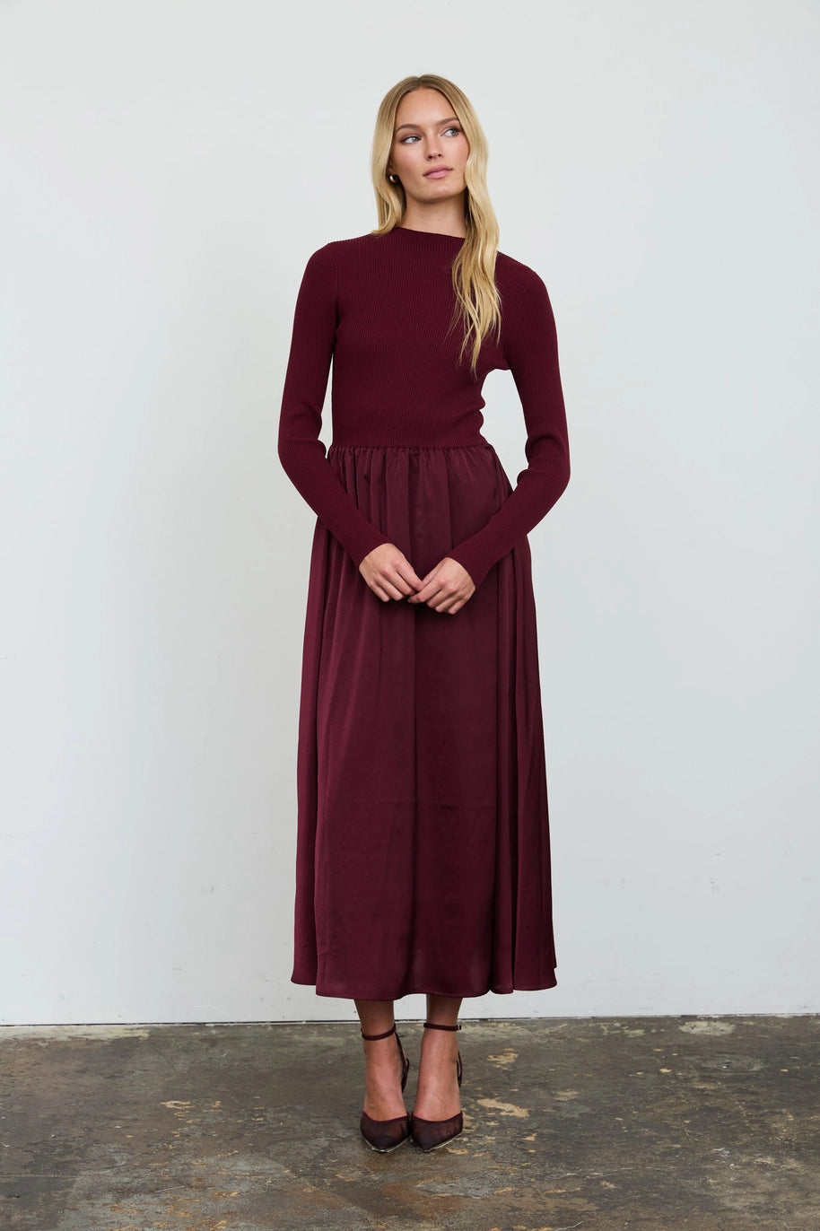 Ribbed Mock Neck Satin Midi Dress