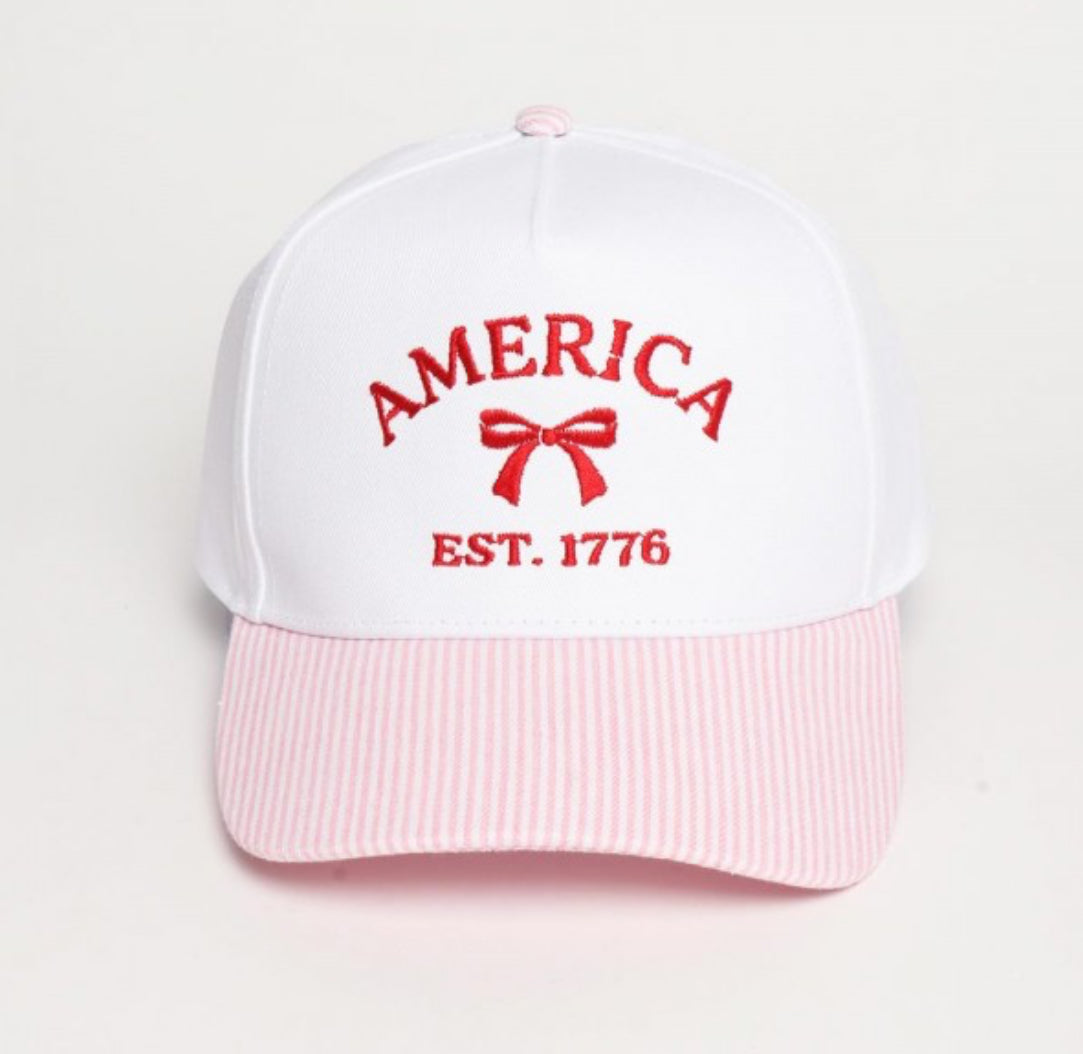 AMERICA" & Bow Embroidered Two Tone Stripe Baseball Cap