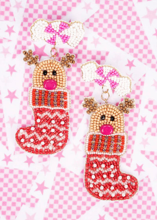 REINDEER IN RED STOCKING SEED BEAD EARRINGS no