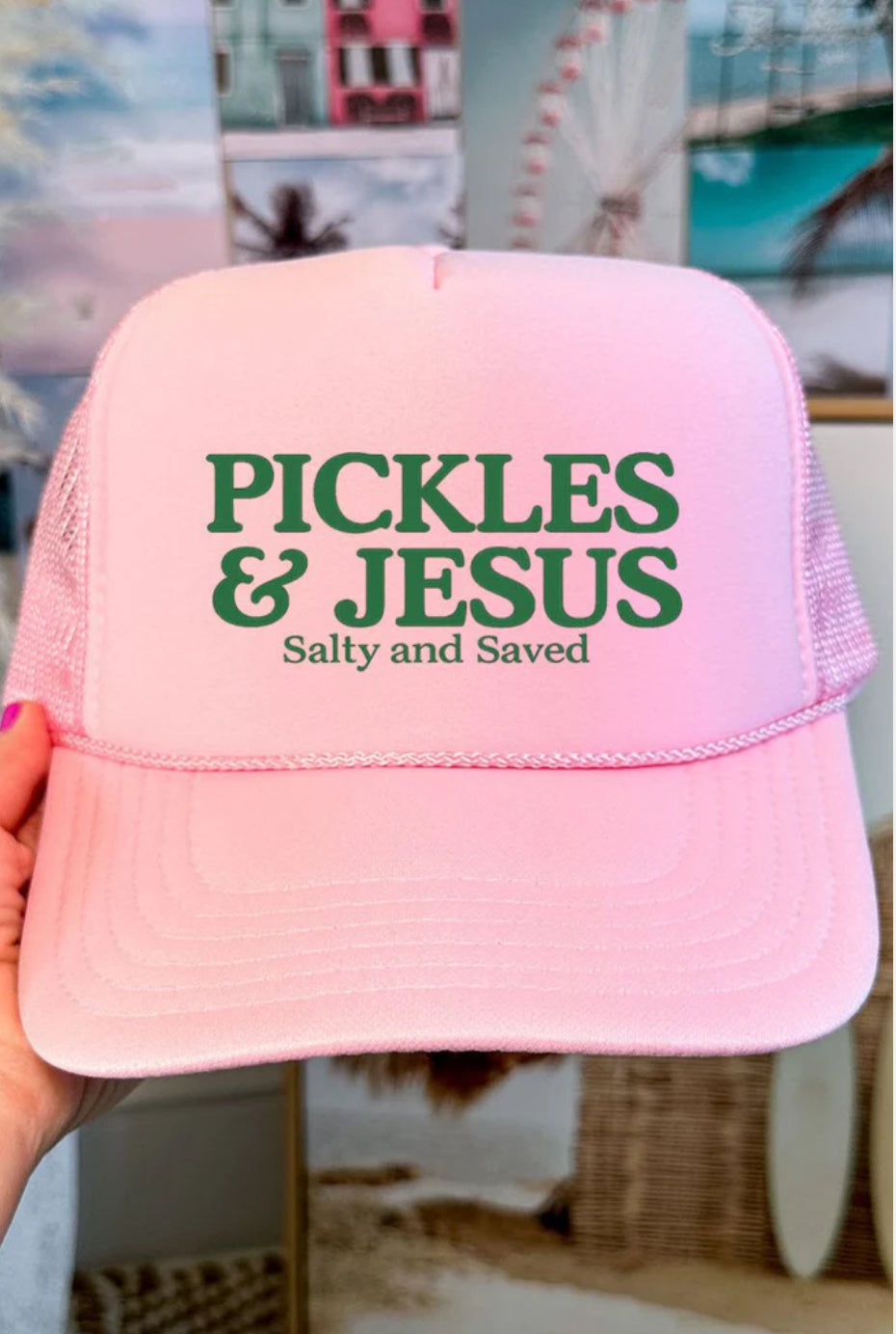 PICKLES & JESUS  PINK FOAM FRONT TRUCKER HAT