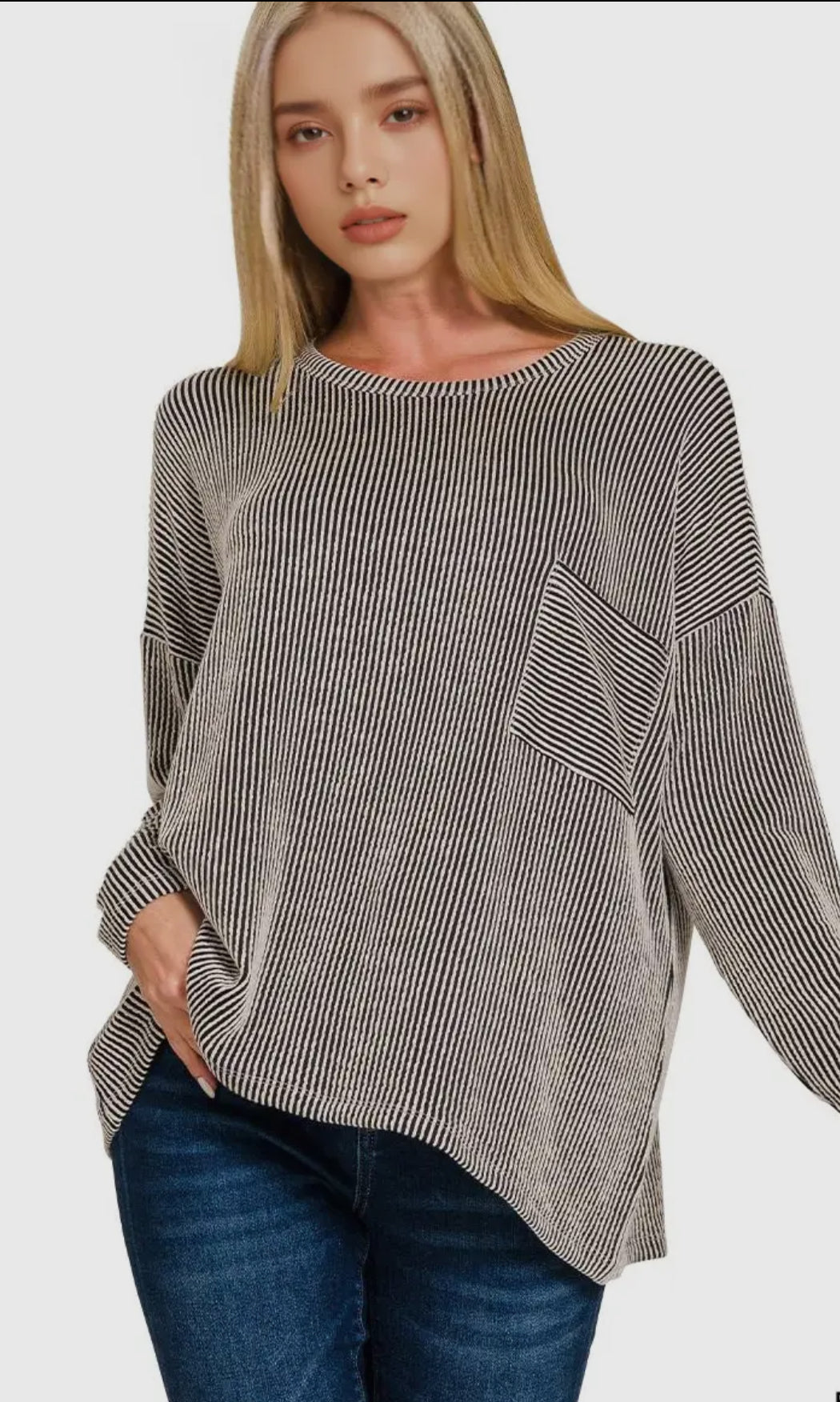 Black Ribbed Striped Oversized Long Sleeve Top