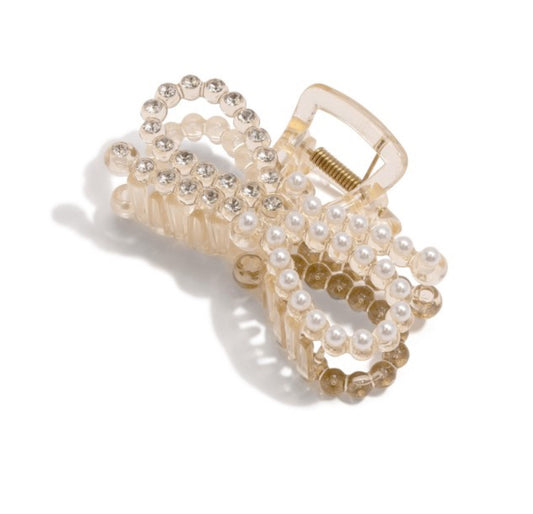 Pearl and Rhinestone Bow Hair Clip