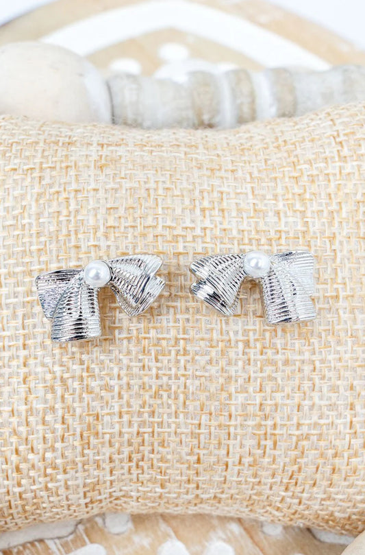 PEARLS & POISE SILVERTONE BOW EARRINGS