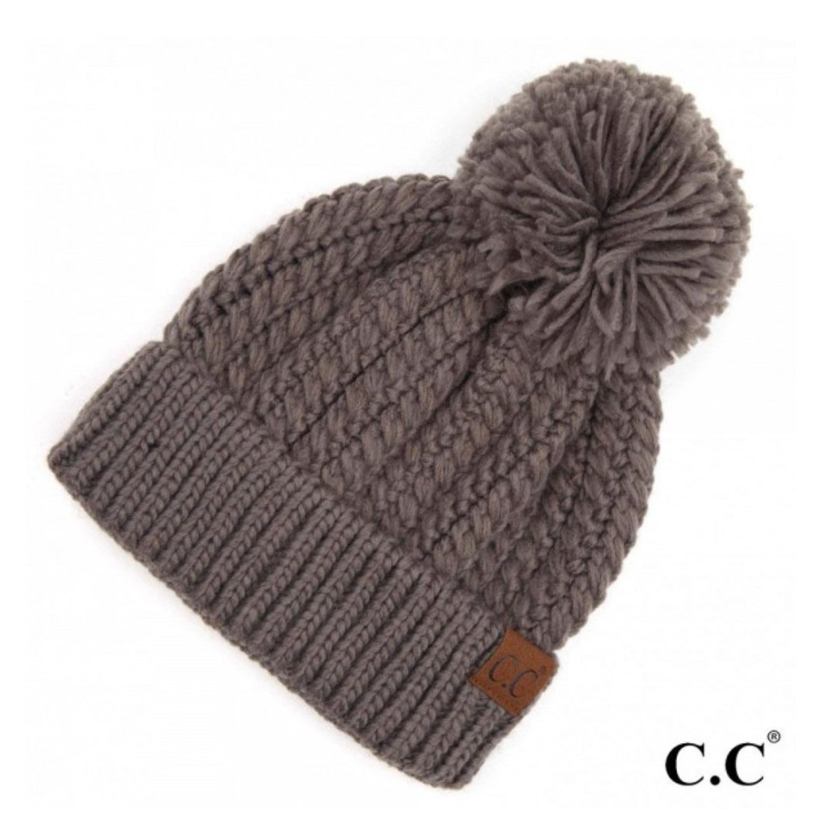 Twisted Mock Cable Knit Pom Beanie-Grey