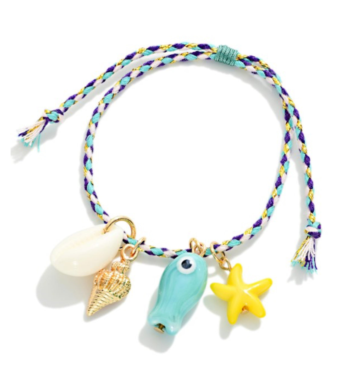 Braided String Bracelet With Shell & Porcelain Beach Charms