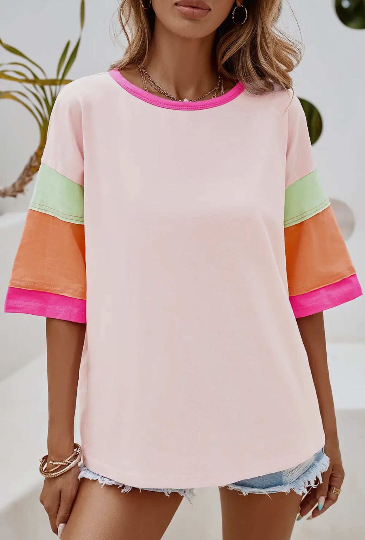 PINK COLOR BLOCK STITCHING SLEEVE ROUND NECK OVERSIZE TOP