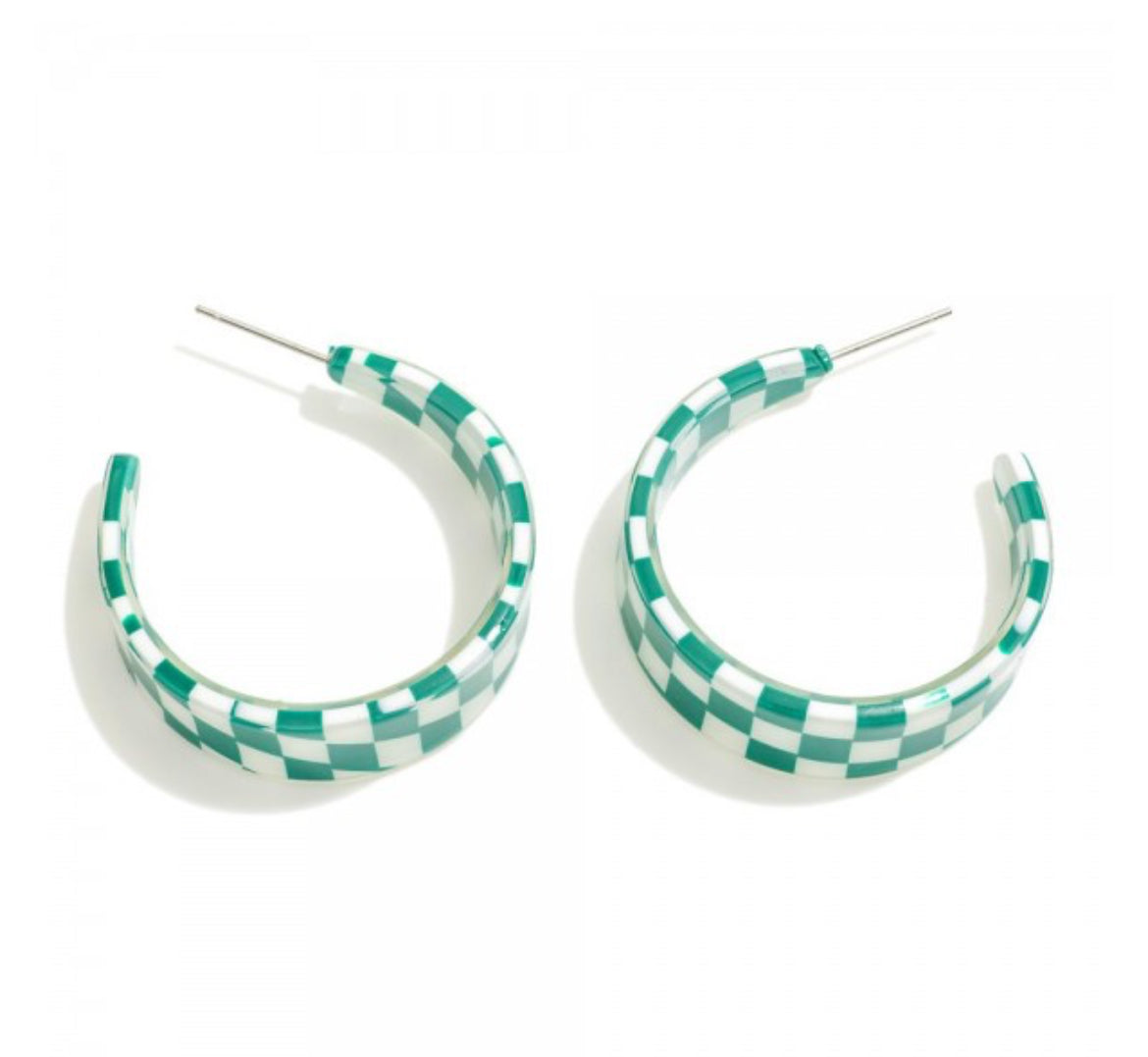 Checkered Acetate Tapered Hoop Earrings-Green