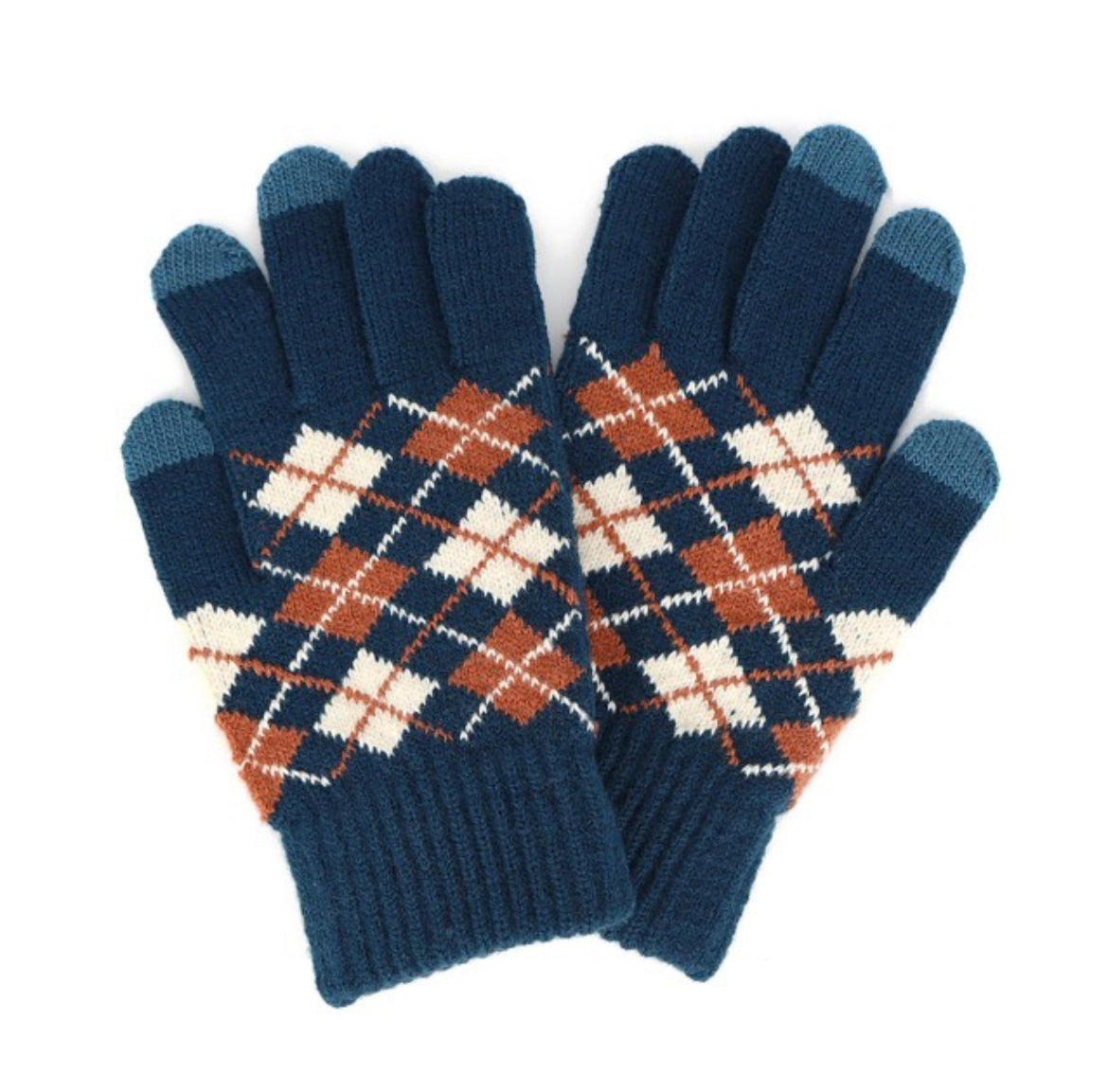 Teal Plaid Knit Gloves With Touch Screen Compatibility