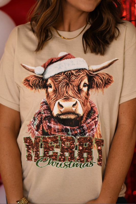 Highland Cow Faux Glitter Merry Christmas Tee