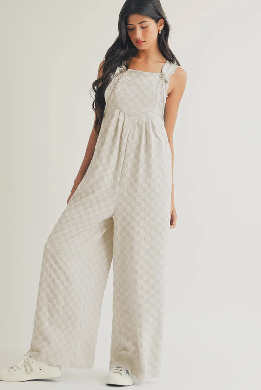 Checkered Pocketed High Waist Wide Leg Overall-Beige