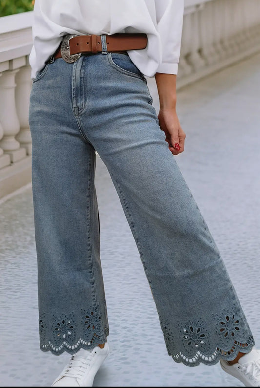 Floral Embroidery Scallop Trim High Rise Wide Leg Crop Jeans