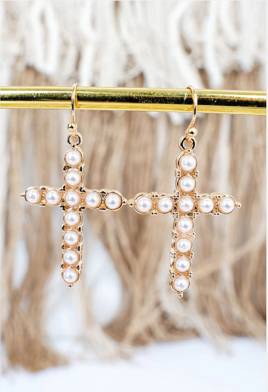 EVERYDAY ELEGANCE PEARL CROSS GOLDTONE EARRINGS