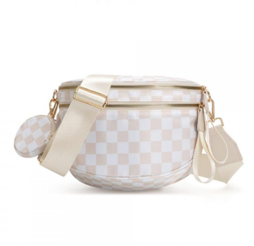 Cream Nylon Cross Body Bag With Canvas Strap
