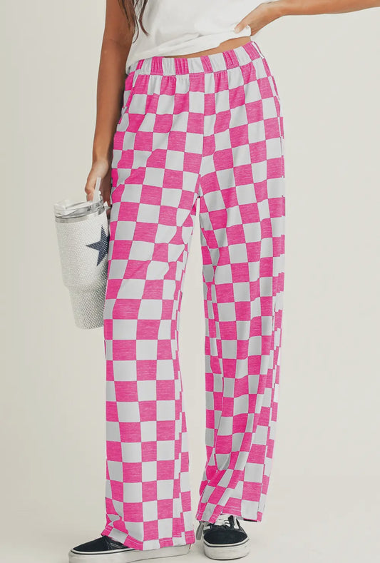 Checked Print High Waist Wide Leg Pants