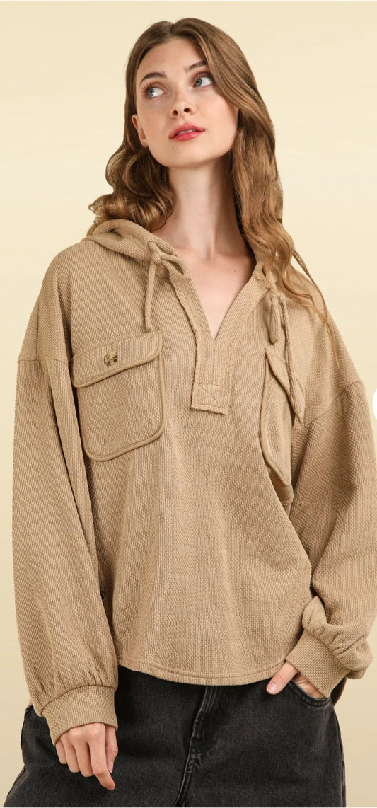 Oversized Hoodie Knit Top with Patch Pockets