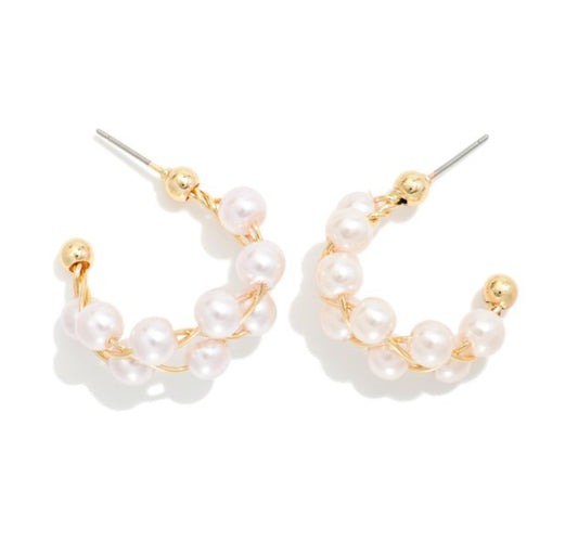 Pearl Beaded Braided Wire Hoop Earrings