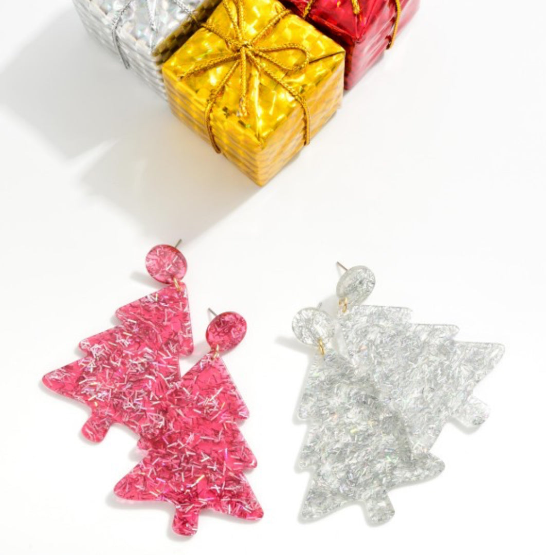 Glitter Acetate Christmas Tree Post Drop Earrings