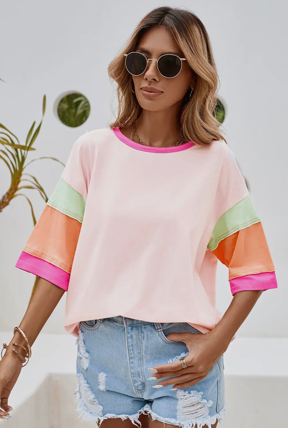 PINK COLOR BLOCK STITCHING SLEEVE ROUND NECK OVERSIZE TOP