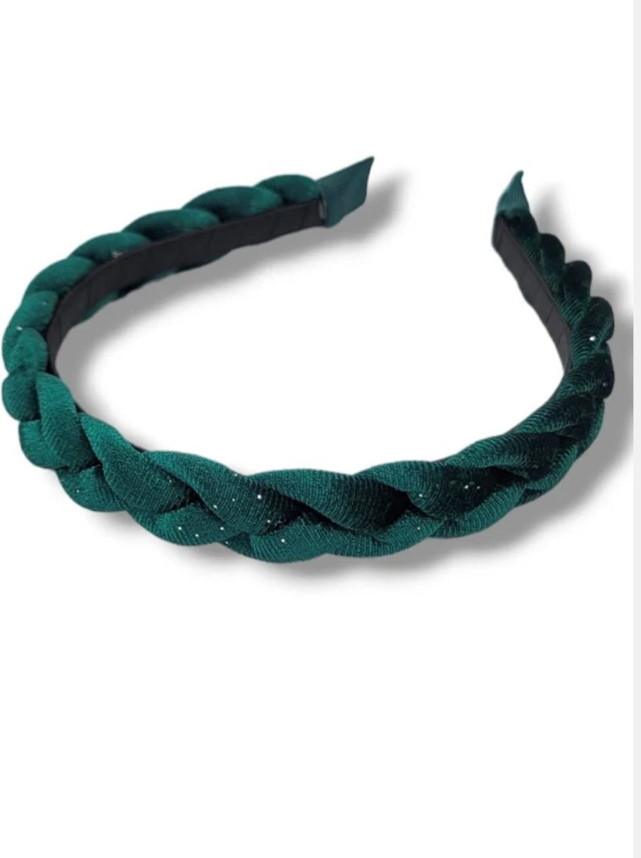 BE CLEVER SOIREE SEASON BRAIDED SPARKLE VELVET HEADBAND, GREEN