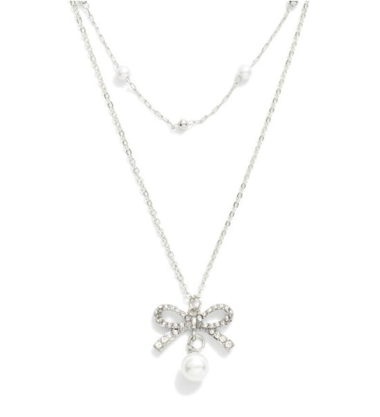 Silver Rhinestone Bow & Pearl Necklace