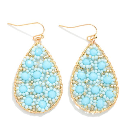 Beaded Blue Flower Teardrop Earring
