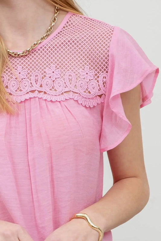 Willow Pink Mesh Crochet Yoke Ruffle Sleeve Blouse