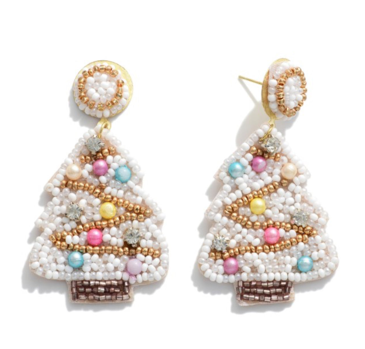 White Beaded Christmas Tree Earrings