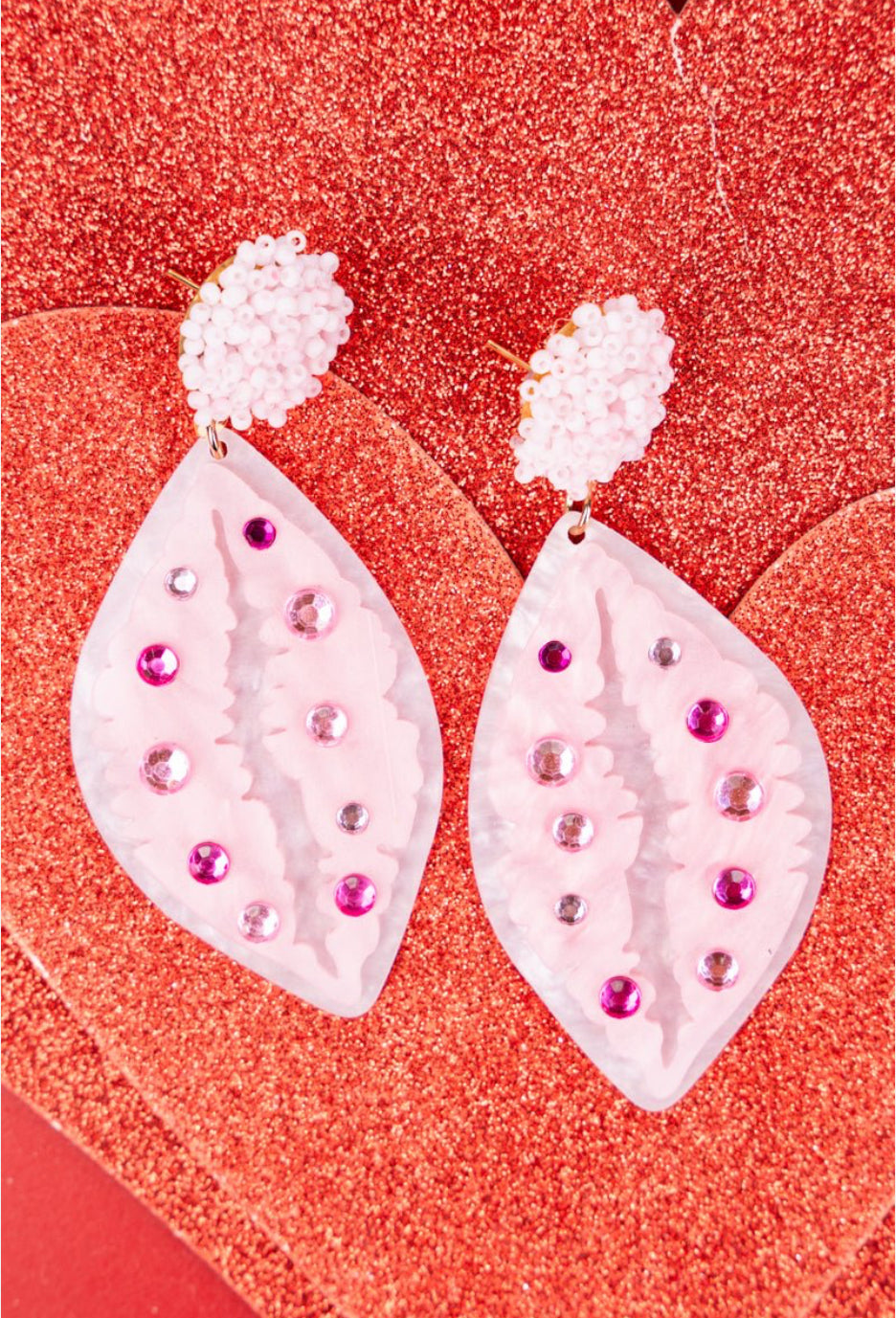 PINK KISS ACRYLIC AND SEED BEAD EARRINGS