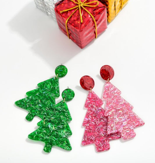 Glitter Acetate Christmas Tree Post Drop Earrings