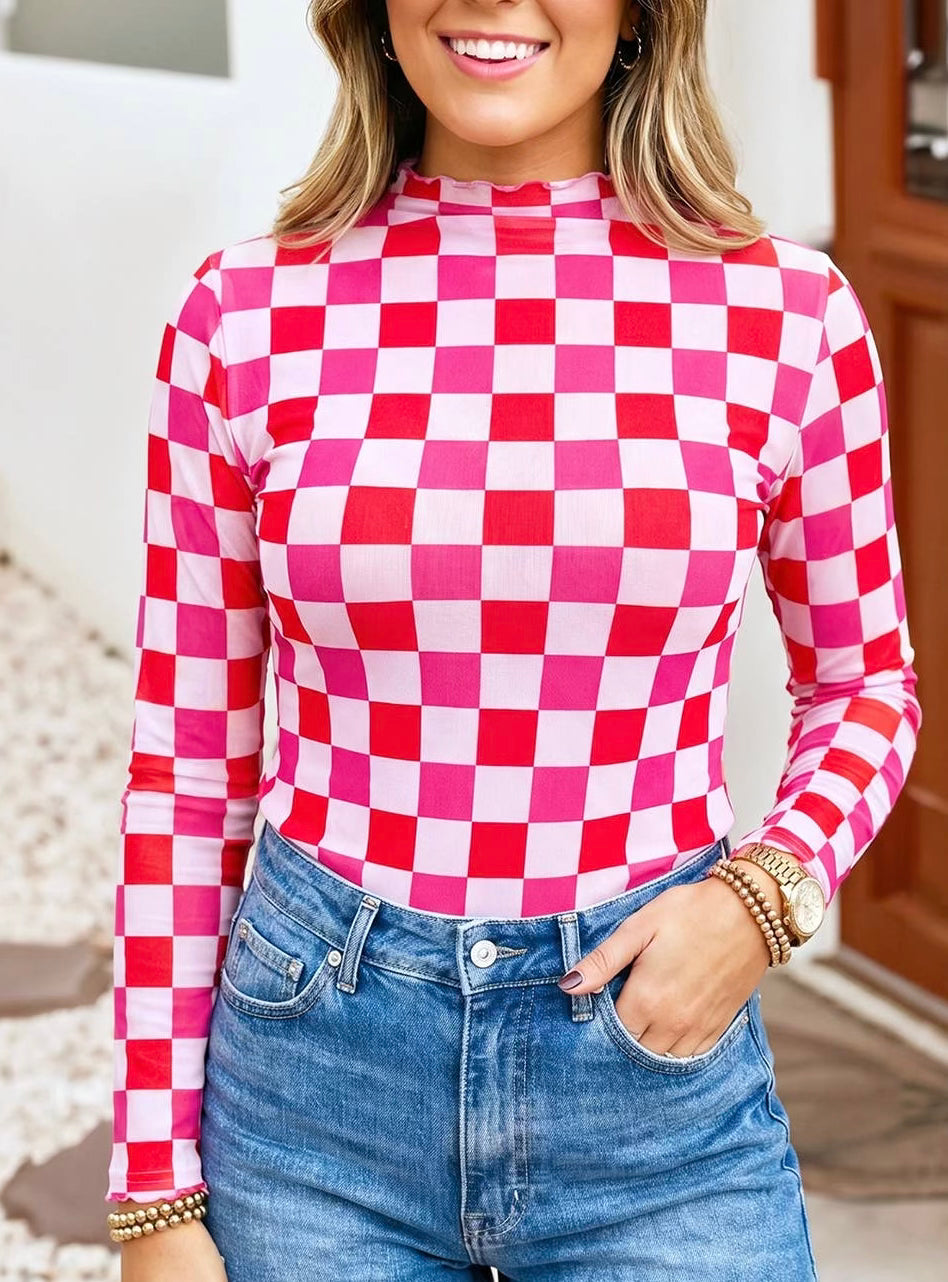 Rose & Red Mesh Sheer Long Sleeve Mock
Neck Top
