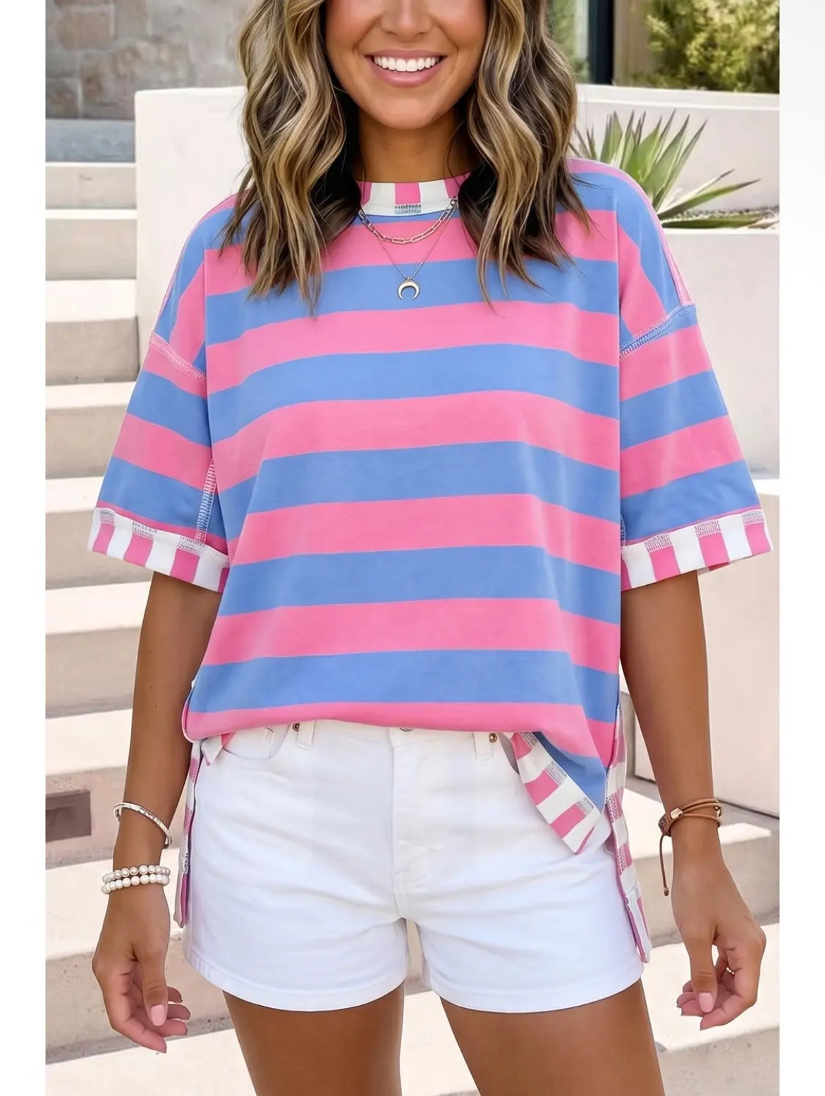 Striped Exposed Seam Contrast
Patchwork Oversized Top