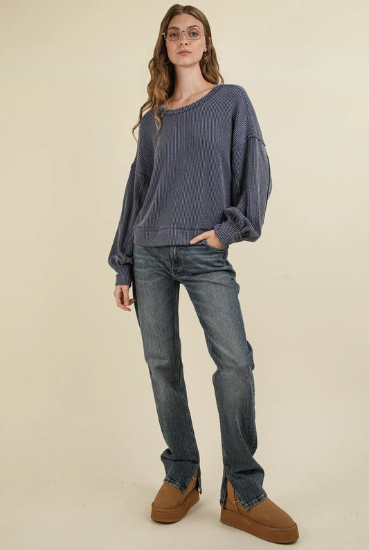 Two Tone Ribbed Comfy Top-Denim