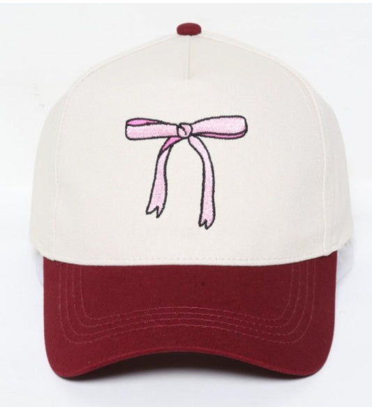 Bow Embroidered Two Tone Baseball Cap-Burgundy