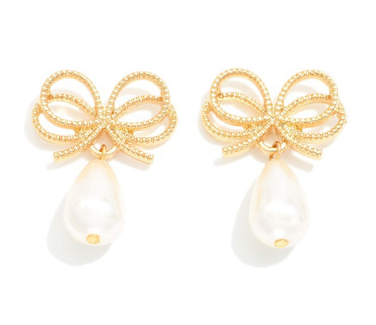 Metal Bow Post Drop Earrings With Pearl Dangles