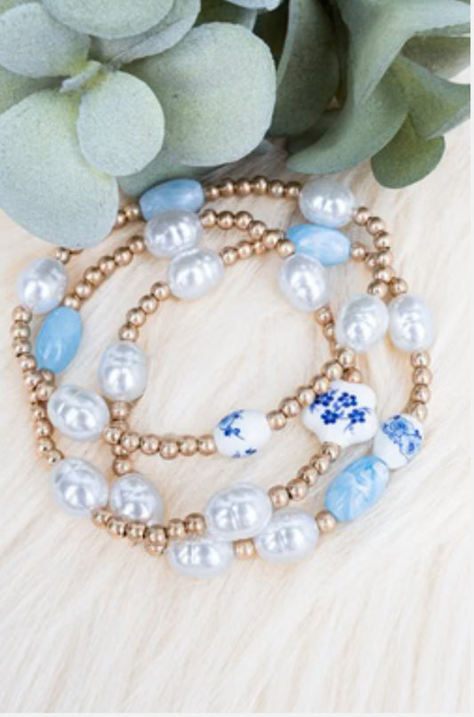 Shiny Luxe Blue Petal Promises Pearl & Goldtone Beaded Bracelet Set
