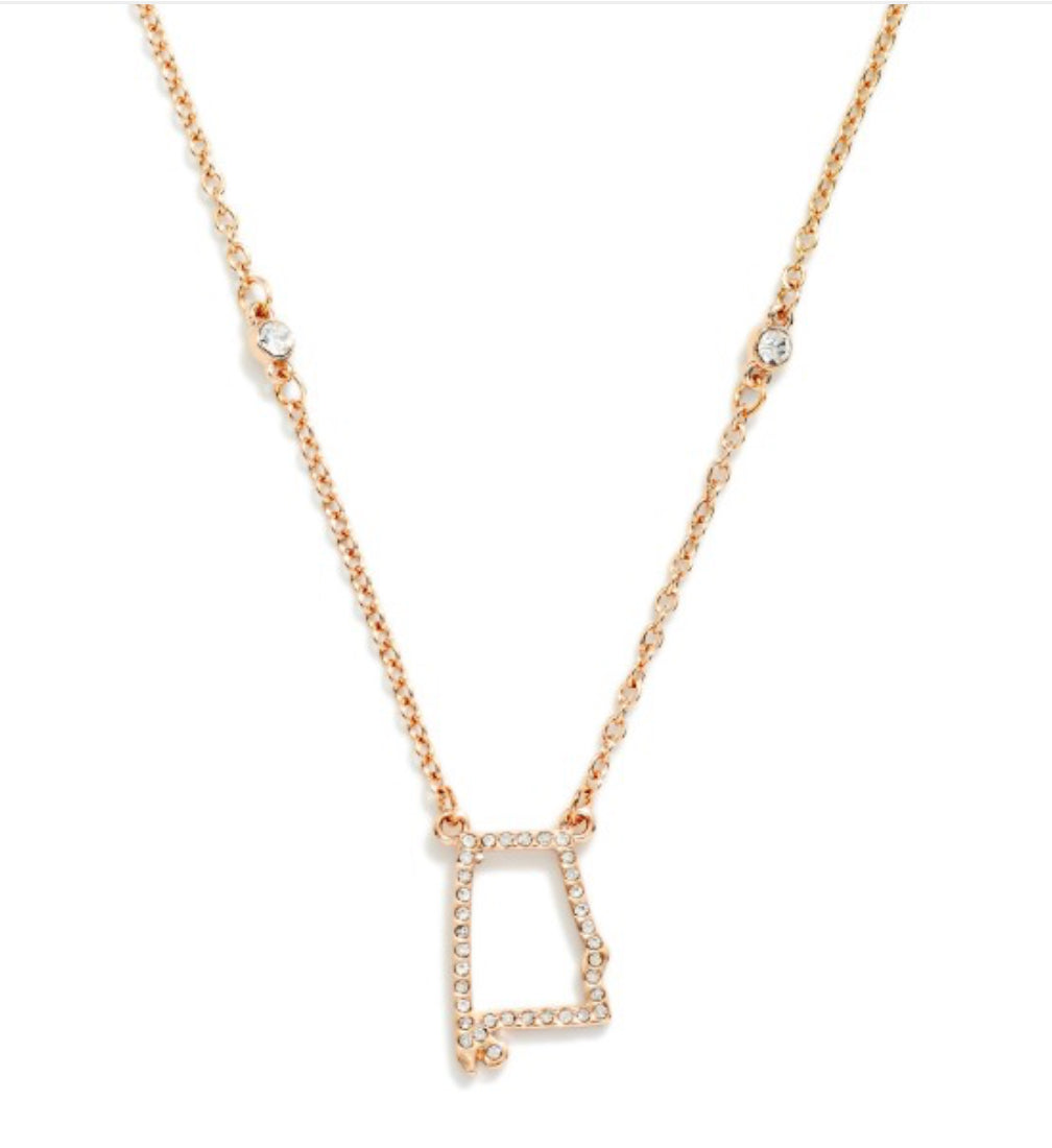 Rhinestone Alabama State Outline Pendant Necklace