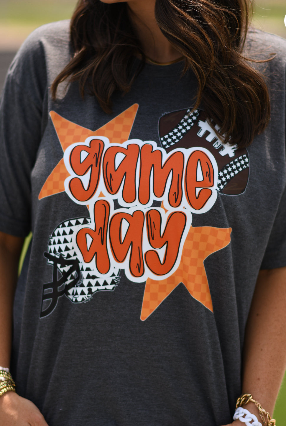 GAME DAY ORANGE CHECKERED STARS TEE
