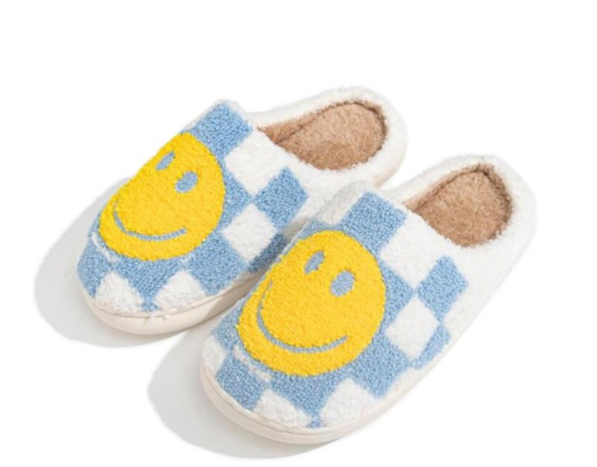 Blue Happy Face Checker Slide On Slippers