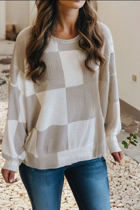 Checkered Print Textured Long Sleeve Top