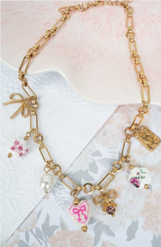 Pink Bouquet Memory Goldtone Necklace