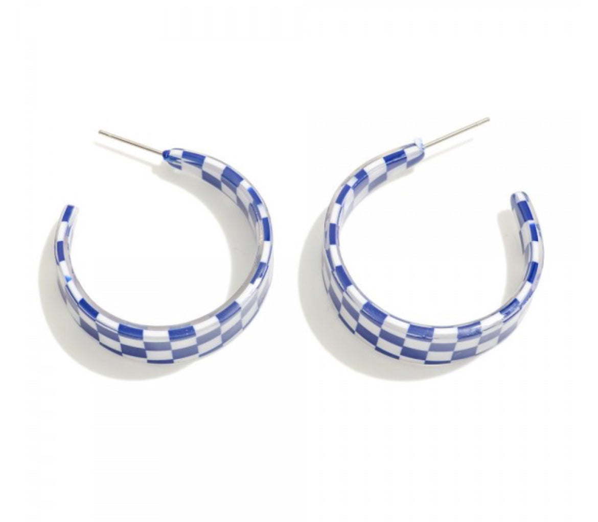 Checkered Acetate Tapered Hoops-Blue